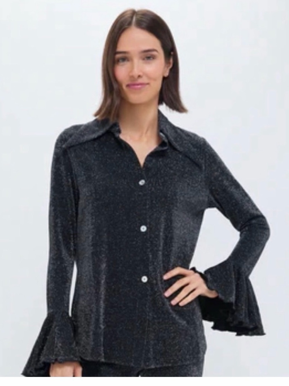 SLEEPER Sparkle Black Button-Up Blouse with Flared Sleeves